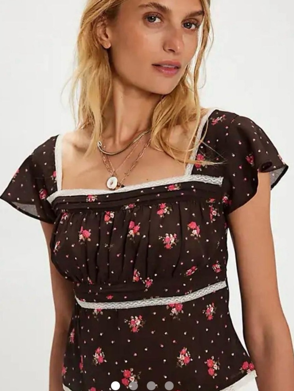 Free People Brown and Black Floral Square-Neck Peasant Top